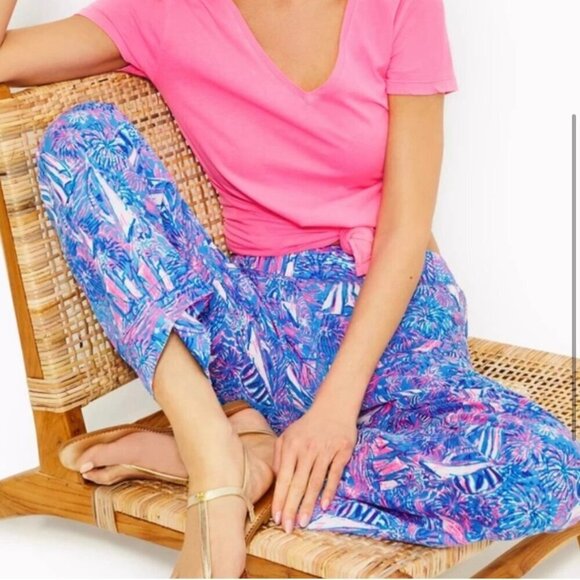 Lilly Pulitzer Deri Linen Palazzo Pants, Boca Blue It's a Sailabration Size S - Picture 2 of 9
